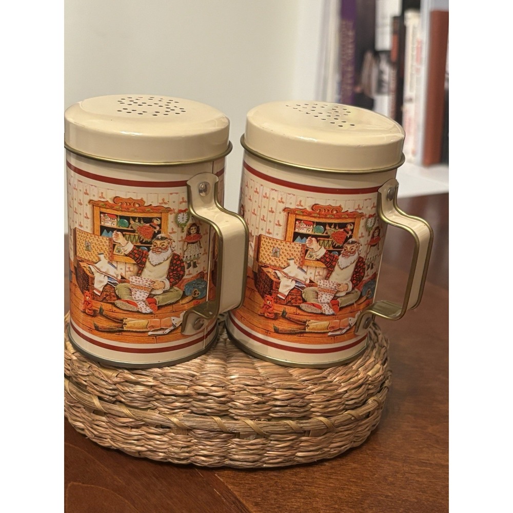 Vintage Christmas Tin Salt Pepper Shaker Set Santa's Workshop 4" Concepts INTL